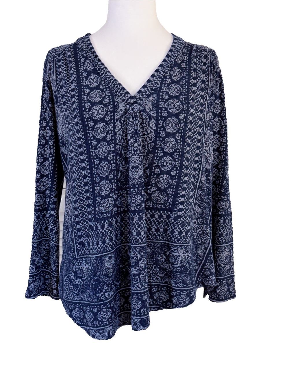 Lucky Brand Navy Cream Boho Tunic Top 3/4 Sleeve Medium